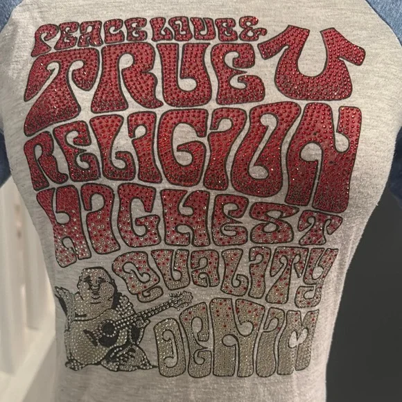 True Religion Long Sleeve Raglan Style. Faux Rhinestone Embellishment - Picture 2 of 4
